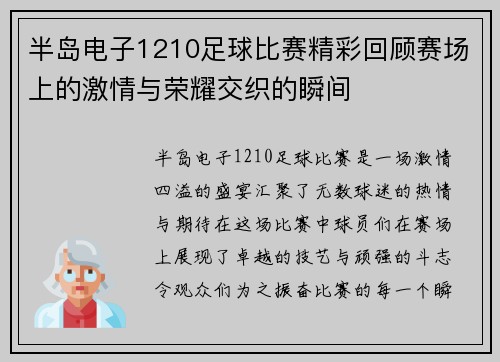 半岛电子1210足球比赛精彩回顾赛场上的激情与荣耀交织的瞬间