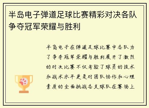 半岛电子弹道足球比赛精彩对决各队争夺冠军荣耀与胜利
