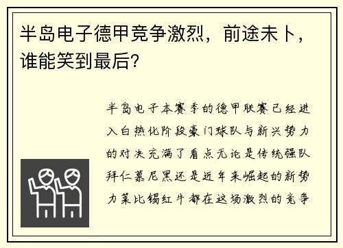 半岛电子德甲竞争激烈，前途未卜，谁能笑到最后？