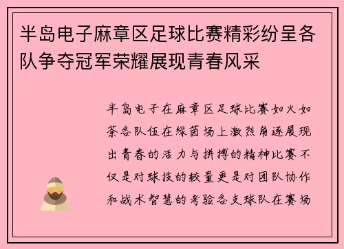 半岛电子麻章区足球比赛精彩纷呈各队争夺冠军荣耀展现青春风采