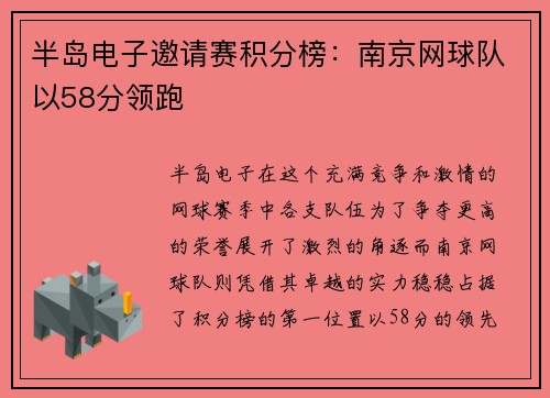 半岛电子邀请赛积分榜：南京网球队以58分领跑