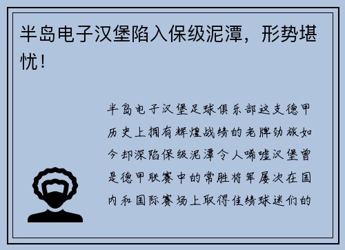 半岛电子汉堡陷入保级泥潭，形势堪忧！