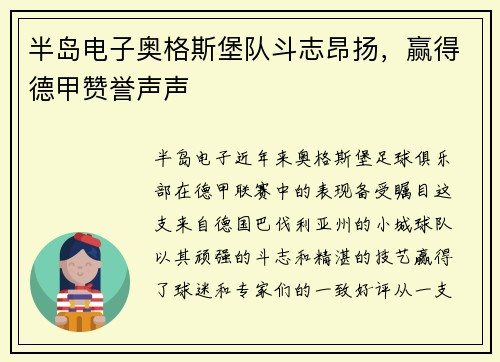 半岛电子奥格斯堡队斗志昂扬，赢得德甲赞誉声声