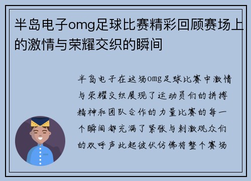 半岛电子omg足球比赛精彩回顾赛场上的激情与荣耀交织的瞬间
