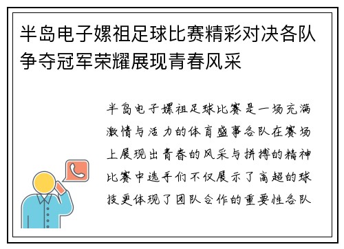 半岛电子嫘祖足球比赛精彩对决各队争夺冠军荣耀展现青春风采