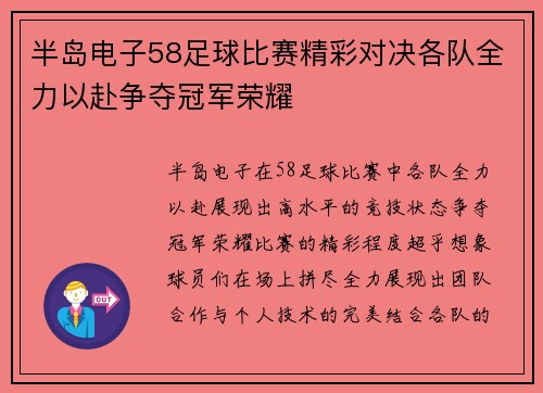 半岛电子58足球比赛精彩对决各队全力以赴争夺冠军荣耀