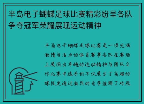 半岛电子蝴蝶足球比赛精彩纷呈各队争夺冠军荣耀展现运动精神