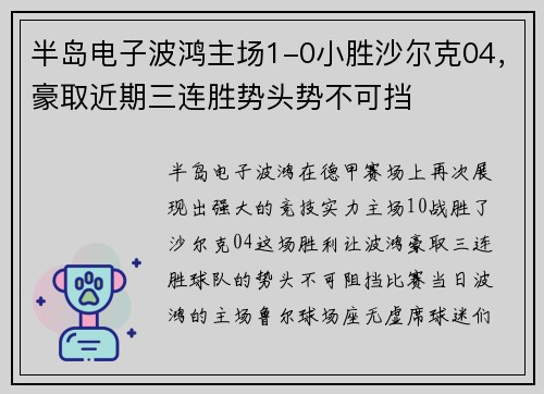 半岛电子波鸿主场1-0小胜沙尔克04，豪取近期三连胜势头势不可挡